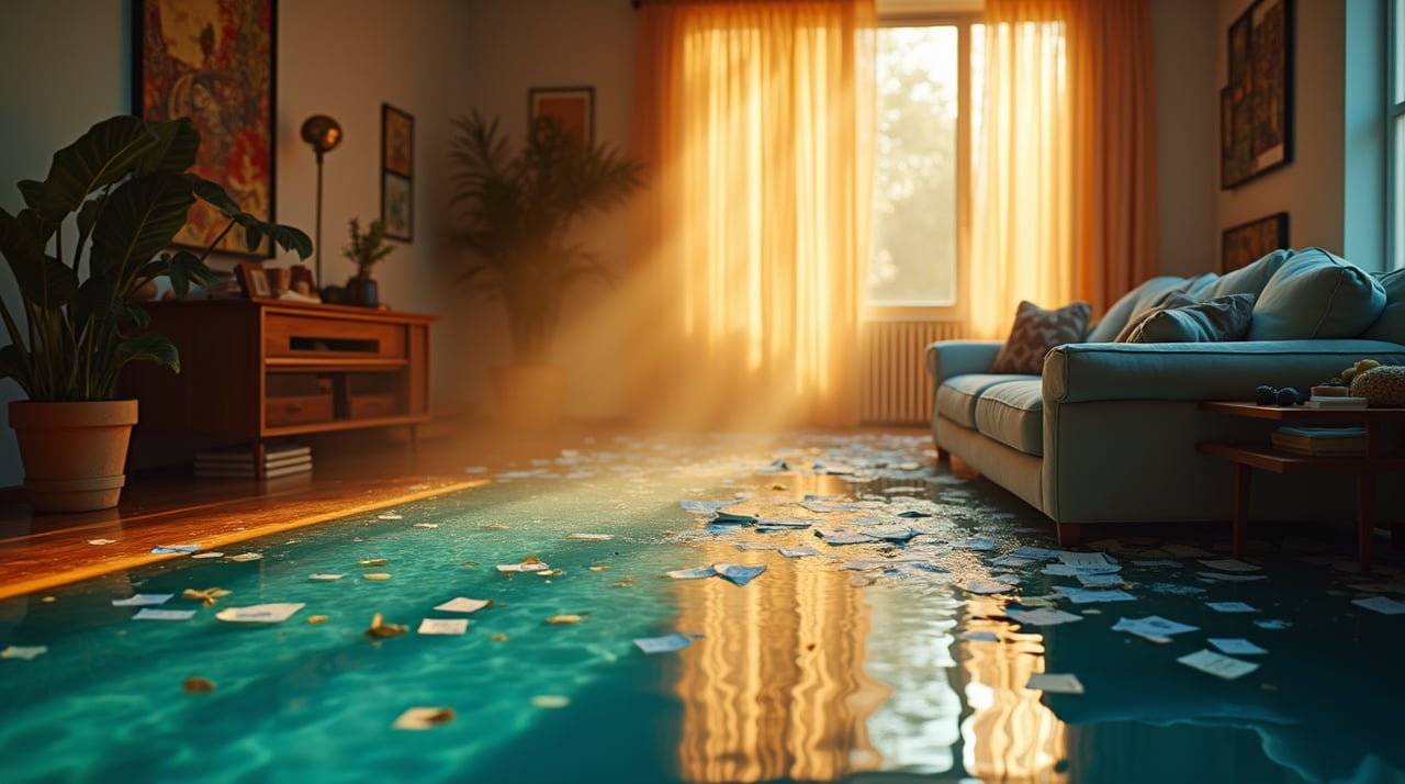 Salon moderne inondé en France, papiers de constat flottant, dégât des eaux premier sinistre