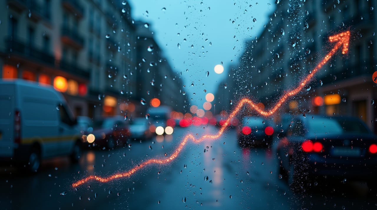 Vitre ruisselante marquée de niveaux d'eau montants formant une flèche
